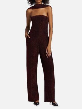 LAMARQUE Elora Metallic Halter Jumpsuit in Burgundy Wine